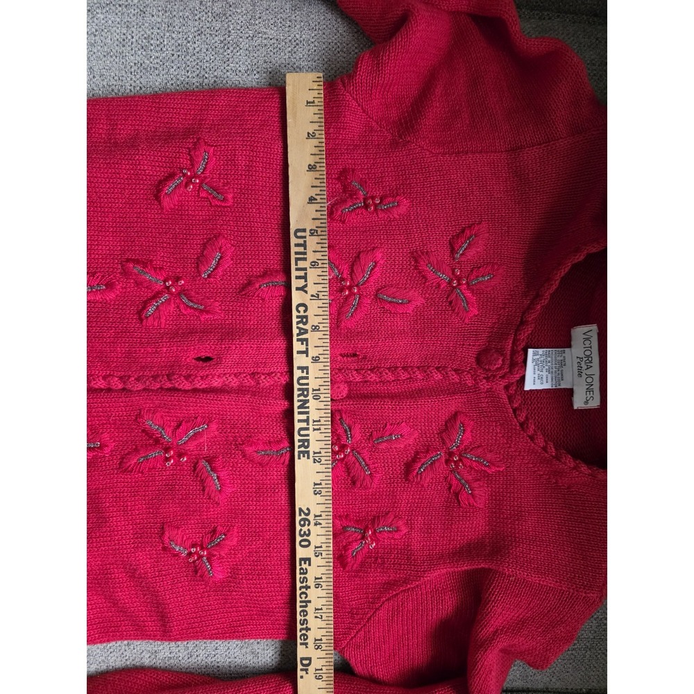 Victoria Jones Petite Red Beaded Embroidered Cardigan Sweater PS Vintage - Picture 11 of 12